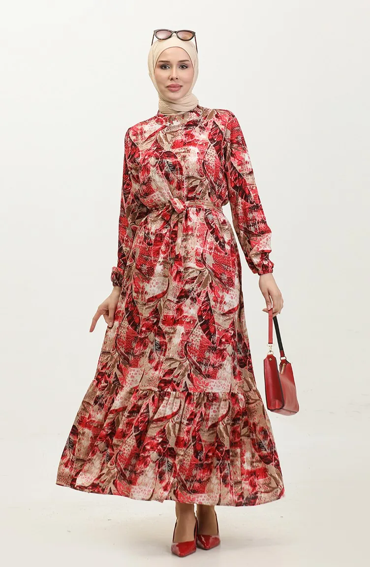 Robe Viscose A Motifs Feuilles 0356-01 Fleur Grenade Vison 0356-01