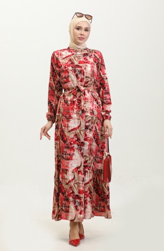 Leaf Patterned Viscose Dress 0356-01 Pomegranate Flower Mink 0356-01