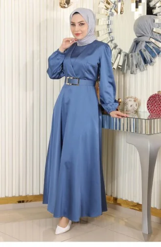 Robe De Soirée En Satin Ceinturée Bleu 19191 15122