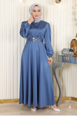 Robe De Soirée En Satin Ceinturée Bleu 19191 15122