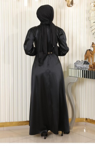 Stone Detailed Satin Evening Dress Black 19901 15134