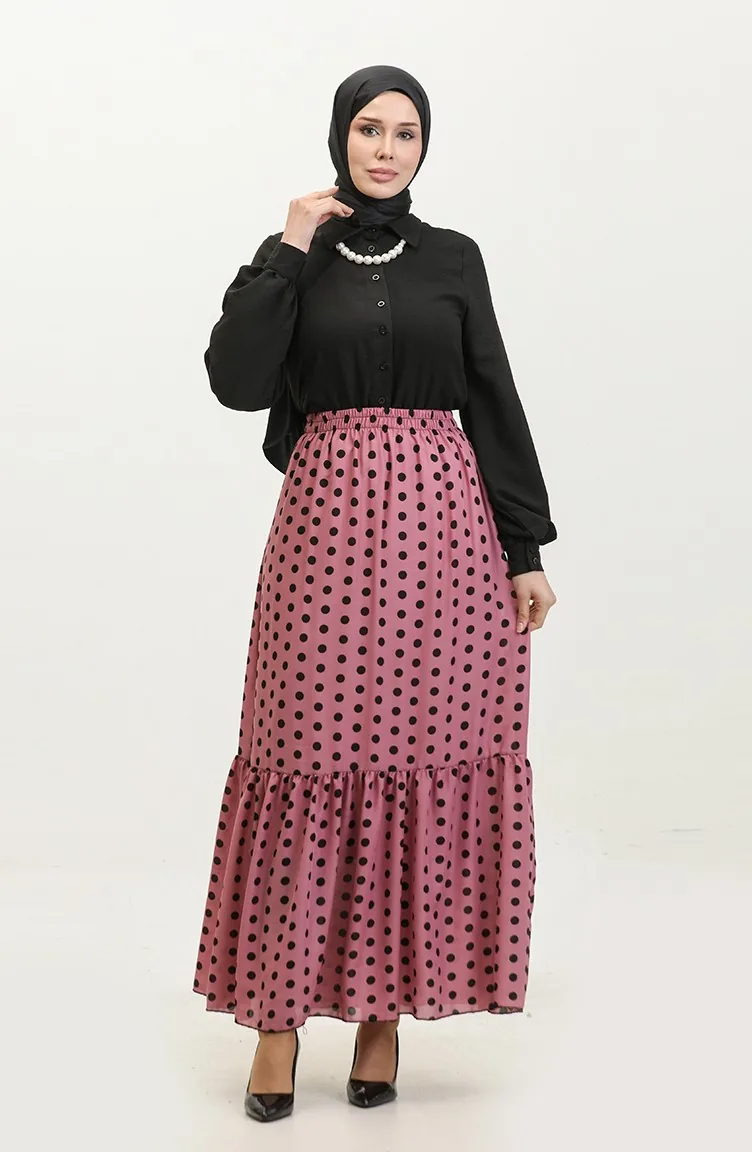Puantiye Desenli Büzgülü Vual Etek 0343C-03 Lila