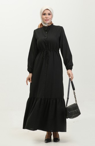 Full-length Buttoned Shirred Hem Dress  0351-01 Black 0351-01