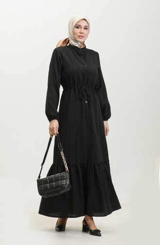 Full-length Buttoned Shirred Hem Dress  0351-01 Black 0351-01