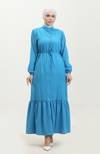 Boydan Düğmeli Etek Ucu Büzgülü Elbise 0351-02 Mavi