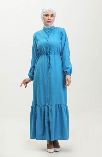 Boydan Düğmeli Etek Ucu Büzgülü Elbise 0351-02 Mavi