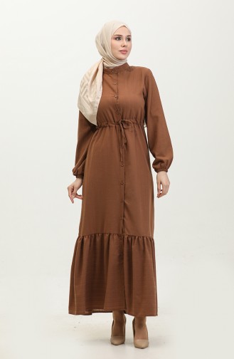 Buttoned Hemline Gathered Dress 0351-05 Brown 0351-05