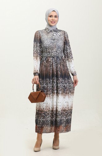 Robe Plissée Grande Taille à Motif Léopard Gris 7832 838