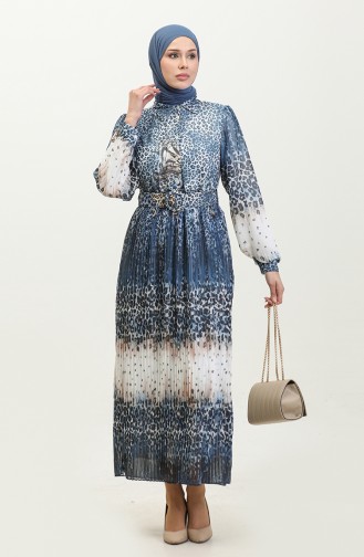 Leopard Patterned Pleated Plus Size Dress Blue 7832 839