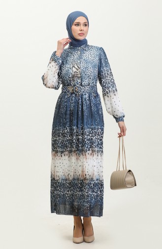 Robe Plissée Grande Taille à Motif Léopard Bleu 7832 839