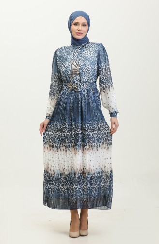 Plus-Size-Kleid Mit Leopardenmuster Plissiert Blau 7832 839