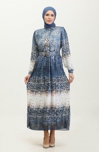 Leopard Patterned Pleated Plus Size Dress Blue 7832 839