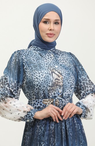 فستان مقاس كبير بطيات منقوش عليه جلد الفهد أزرق 7832 839