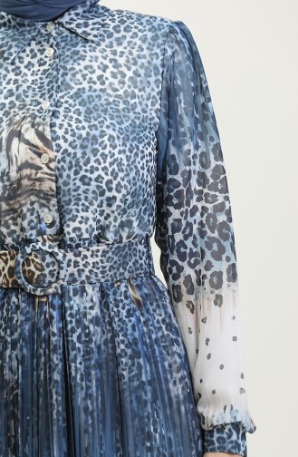 Leopard Patterned Pleated Plus Size Dress Blue 7832 839