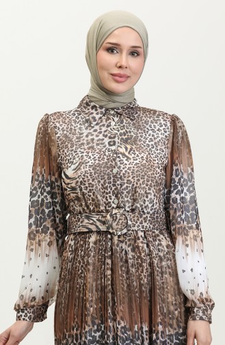 Leopard Patterned Pleated Plus Size Dress Brown 7832 841
