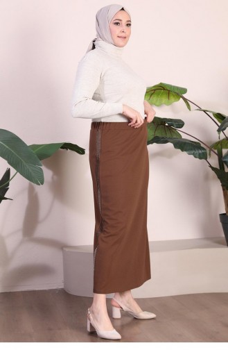 Women`s Plus Size Pencil Mother Skirt With Stones On The Sides 8555 Brown 8555.Kahverengi