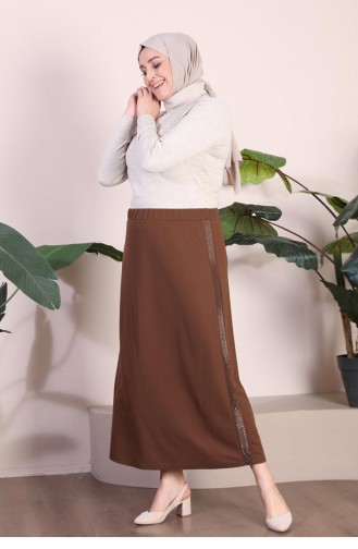 Women`s Plus Size Pencil Mother Skirt With Stones On The Sides 8555 Brown 8555.Kahverengi