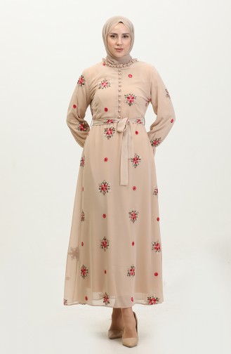 Lace Patterned Plus Size Dress Beige 7814 844