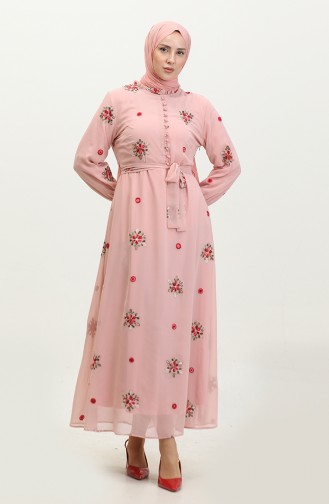 Dantel Desenli Büyük Beden Elbise Pembe 7814