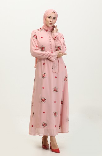 Dantel Desenli Büyük Beden Elbise Pembe 7814