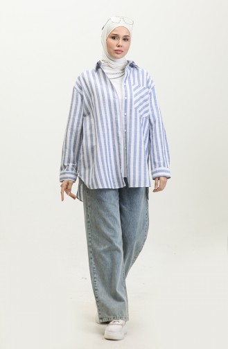 Linen Blended Striped Shirt 4817-01 İndigo 4817-01