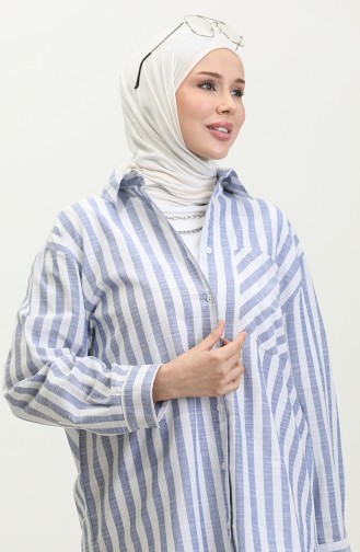 Linen Blended Striped Shirt 4817-01 İndigo 4817-01