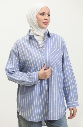 Linen Blended Striped Shirt 4819-01 İndigo 4819-01