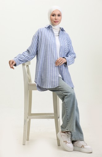 Linen Blended Striped Shirt 4819-01 İndigo 4819-01