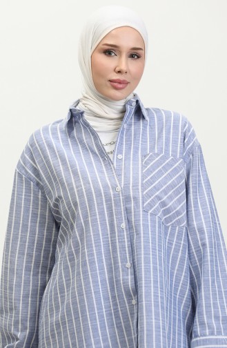 Linen Blended Striped Shirt 4819-01 İndigo 4819-01