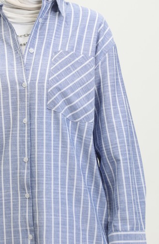 Linen Blended Striped Shirt 4819-01 İndigo 4819-01