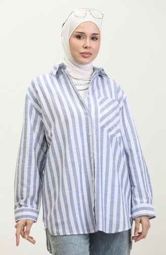 Linen Blended Striped Shirt 4817-01 İndigo 4817-01