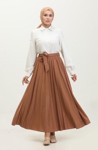 Belt Detailed Pleated Hijab Skirt 30331-10 Brown 30331-10