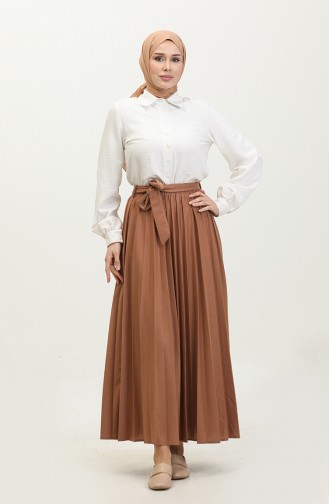 Belt Detailed Pleated Hijab Skirt 30331-10 Brown 30331-10