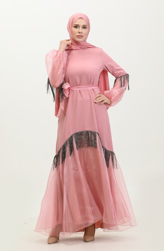 Tasseled Belted Evening Dress 60408-01 Powder 60408-01