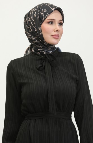 Sare Kravat Yaka Etek Ucu Büzgülü Elbise 0357-01 Siyah