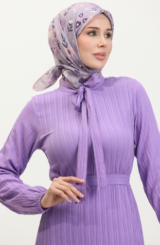 Sare Kravat Yaka Etek Ucu Büzgülü Elbise 0357-04 Lila