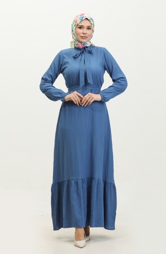 Sare Tie Collar Gathered Hem Dress 0357-05 Indigo 0357-05