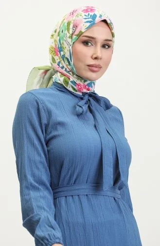 Sare Kravat Yaka Etek Ucu Büzgülü Elbise 0357-05 İndigo