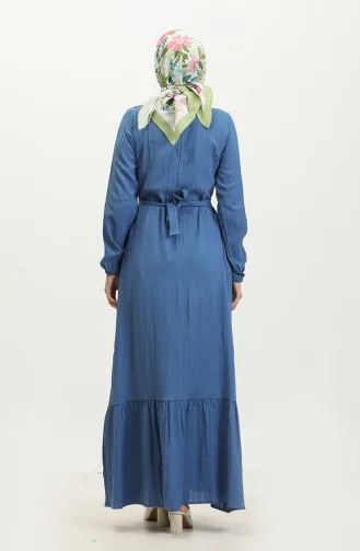 Sare Kravat Yaka Etek Ucu Büzgülü Elbise 0357-05 İndigo