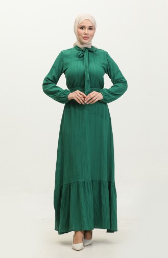 Sare Kravat Yaka Etek Ucu Büzgülü Elbise 0357-06 Zümrüt Yeşili
