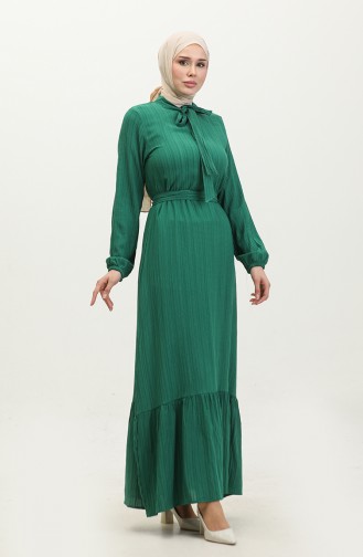 Sare Tie Collar Gathered Hem Dress 0357-06 Emerald Green 0357-06