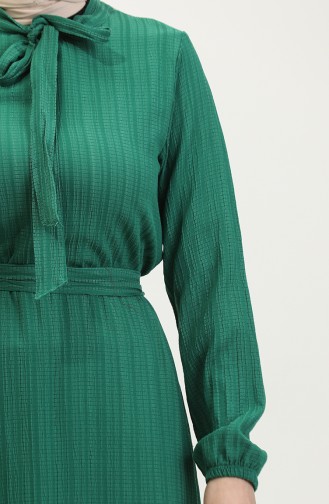 Sare Kravat Yaka Etek Ucu Büzgülü Elbise 0357-06 Zümrüt Yeşili