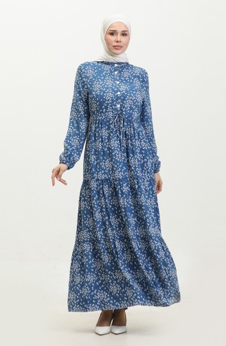 Gülsüm Half Buttoned Floral Viscose Dress 0358-01 Indigo 0358-01