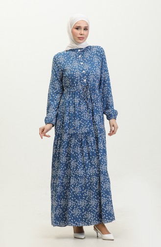 Gülsüm Half Buttoned Floral Viscose Dress 0358-01 Indigo 0358-01