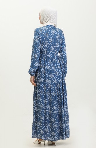 Gülsüm Half Buttoned Floral Viscose Dress 0358-01 Indigo 0358-01