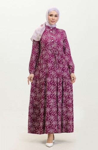 Gülsüm Half Buttoned Floral Viscose Dress 0358-02 Plum 0358-02