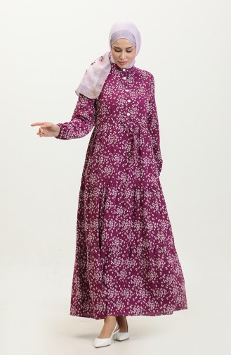 Gülsüm Half Buttoned Floral Viscose Dress 0358-02 Plum 0358-02