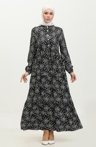 Gülsüm Yarım Düğmeli Çiçekli Viskon Elbise 0358-03 Siyah