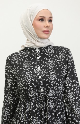 Gülsüm Half-buttoned Floral Viscose Dress 0358-03 Black 0358-03
