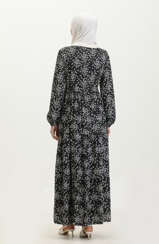 Gülsüm Half-buttoned Floral Viscose Dress 0358-03 Black 0358-03